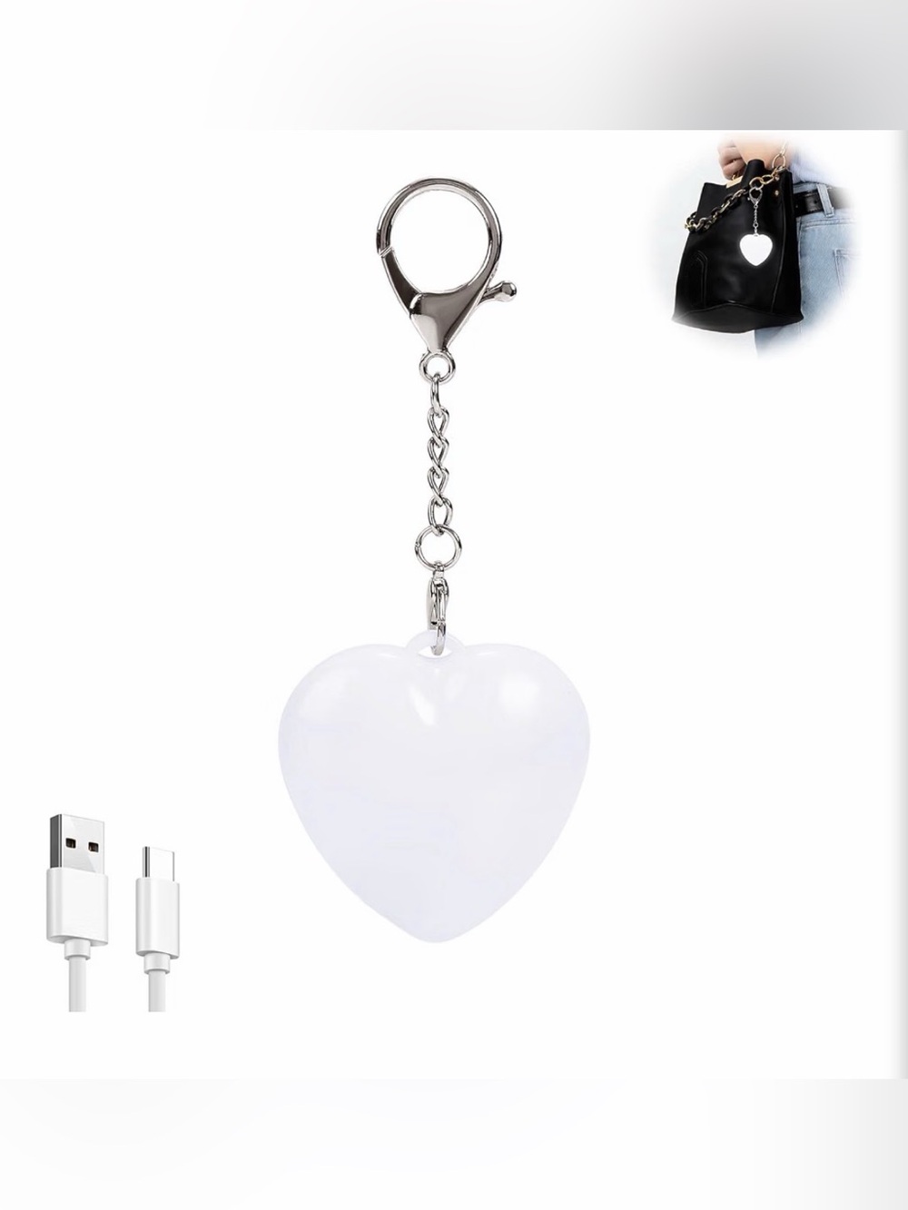 White Heart LED Keychain Charm